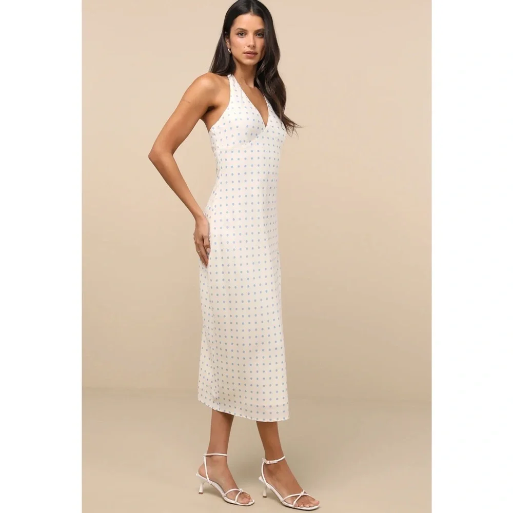 NWOT Lulu’s Meara Ivory and Blue Polka Dot Halter Midi Dress Large 2653211 Party